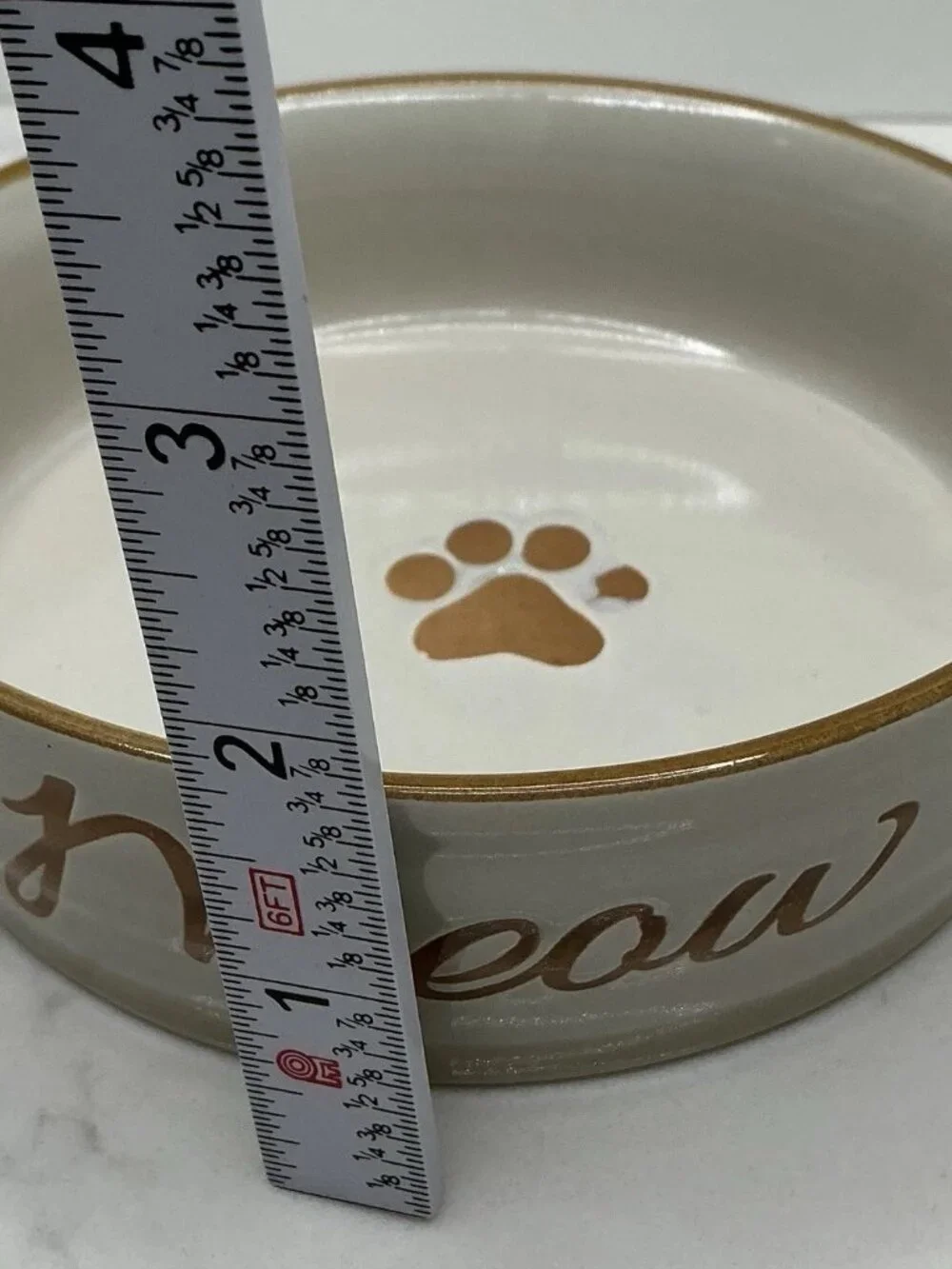 Spectrum Designz Cat Dish Ceramic Pet Bowl Tan Meow Paw Fifi Elegant 4.9” New